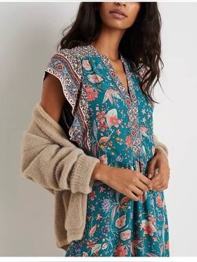Anthropologie Teal Floral Mini Dress